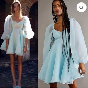 Selkie Light Blue Puff Sleeve Fit-and-Flare Mini Dress